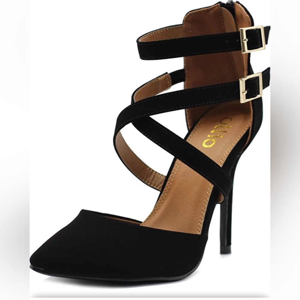 Ollio Women Shoes Cross Strap Back Zipper Stiletto High Heel Faux Suede Pumps